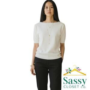 Ann Taylor Petites White Short Sleeve Cotton Sweater Bow Back Size MP EUC